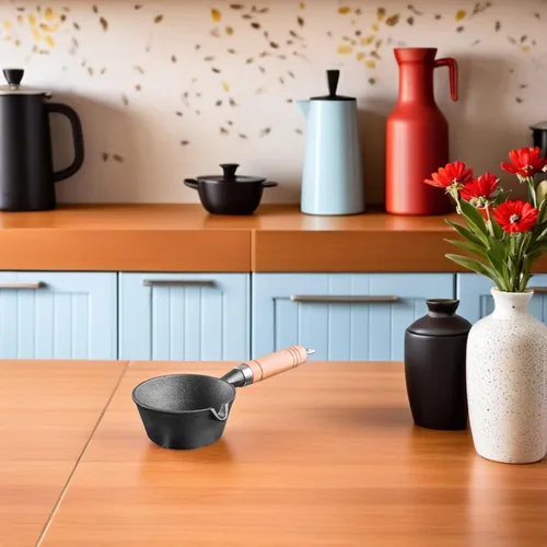 Vista 5 de Sartén de hierro fundido calentador de mantequilla, mini sartén de huevo, salsa de sopa de hierro, olla de fusión con mango de madera para cocinar