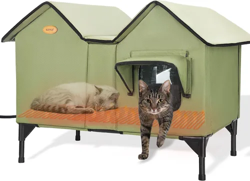 Vista 8 de Casa climatizada para gatos para exteriores en invierno, casa elevada para gatos al aire libre, resistente a la intemperie, puerta de escape