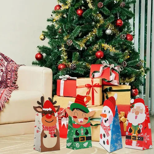Vista 7 de FEBSNOW 24 bolsas de regalo de Navidad con 24 piezas de pegatinas, bolsas de dulces navideños, bolsas de envoltura de galletas navideñas, bolsas