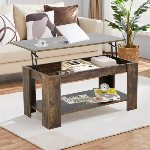 Vista 10 de BLKMTY Mesa auxiliar con mesa elevadora, mesa auxiliar multifuncional con compartimento oculto y estante de almacenamiento, mesa de centro de madera