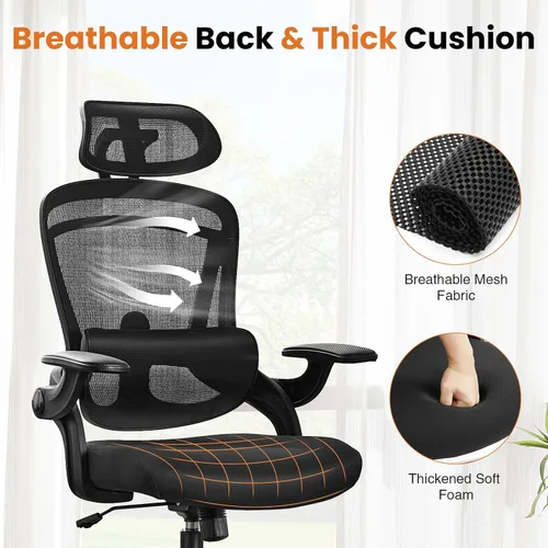 Vista 3 de Silla de oficina ergonómica de malla, silla de escritorio de computadora con respaldo alto con reposacabezas ajustable y soporte lumbar, silla