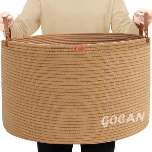 Vista 16 de GOCAN Cesta de almacenamiento extragrande para lavandería, 22 x 22 x 14 pulgadas, cesta tejida de cuerda de algodón para manta con asas para sala