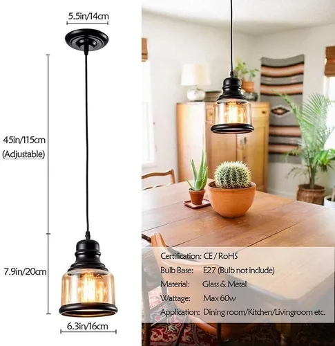 Vista 4 de Lámpara colgante de estilo rústico retro con pantalla de cristal integrada, lámpara de techo industrial para isla de cocina, mesa de comedor, Cabeza