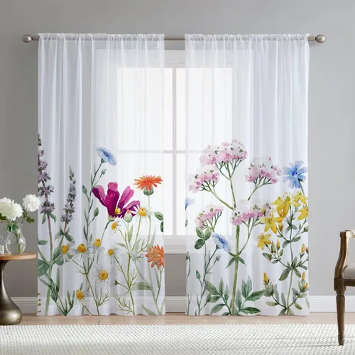 Vista 11 de Cortinas de hojas florales Fereyis para sala de estar de 63 pulgadas de largo, juego de 2 paneles, elegantes cortinas azul y rosa con flores