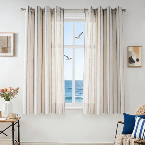 Vista 37 de DriftAway Cortinas de estilo granja con rayas verticales de lino mezclado texturizado con filtro de luz semitransparente para sala de estar