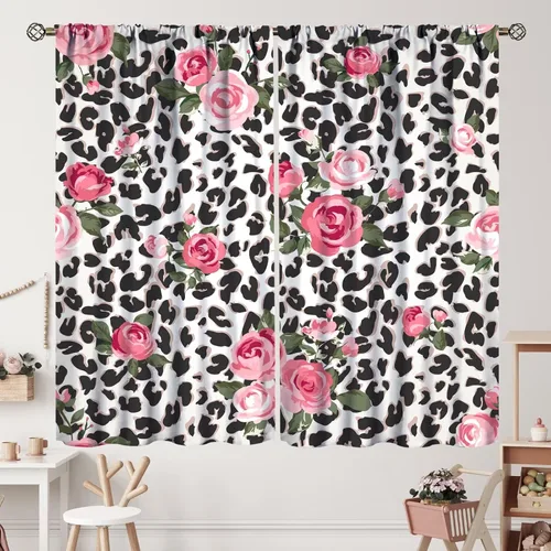 Vista 14 de Cortinas de leopardo con estampado de flores de guepardo y rosas de África, con bolsillo para cortinero, para dormitorio, sala de estar, decoración
