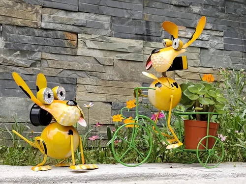 Vista 9 de Luces Solares para Perros para Exteriores Soporte para Plantas de Ciclismo, Arte de Patio Estatuas de Perro de Metal, Estatua Divertida