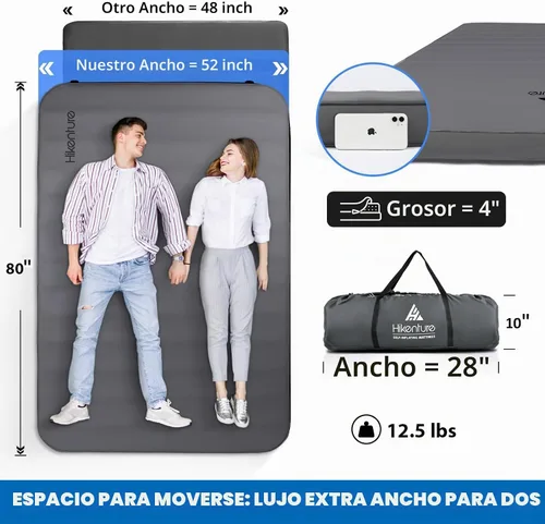 Vista 5 de Hikenture - Almohadilla para dormir autoinflable extra gruesa doble, colchón de campamento de 9.5 R para 2 personas, almohadilla de camping de Gris