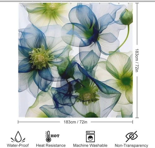 Vista 6 de YLATY2774 - Cortina de ducha de flores abstractas para baño, juego de cortina de ducha bohemia floral azul y verde, tela transparente, moderna