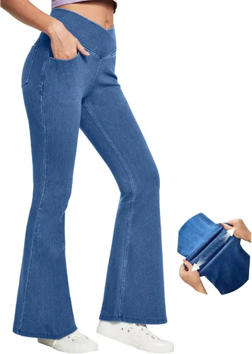 Vista 11 de IUGA Jeans de Cintura Alta Acampanados para Mujeres, Jeans Elásticos Acampanados Pull On de Pierna Ancha, Pantalones Leggings Acampanados con Cruz