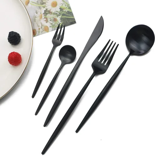 Vista 3 de JASHII Nice Kitchen - Juego de cubiertos de acero inoxidable para 4 personas con tenedor de cuchara grande (negro)