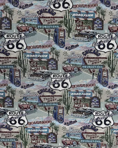 Vista 6 de FABRIC EMPIRE - Tela de tapiz clásica inspirada en la ruta retro 66, Motel, Diner, Tema de gasolinera - 56 pulgadas de ancho, vendido por el patio