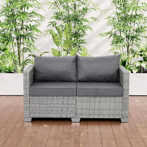 Vista 9 de WAROOM Sofá pequeño de mimbre para patio al aire libre, sofá de ratán de 2 plazas, muebles de balcón, asiento profundo, asiento de porche, cojín gris