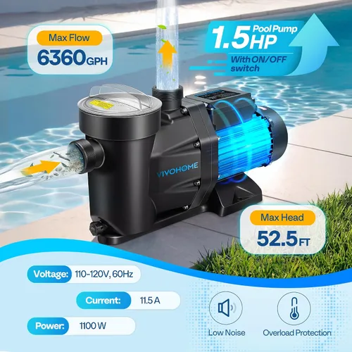 Vista 2 de VIVOHOME Bomba de piscina autoprimante potente de 1.5 HP 6360 GPH con interruptor de encendido/apagado para piscina enterrada/sobre el suelo