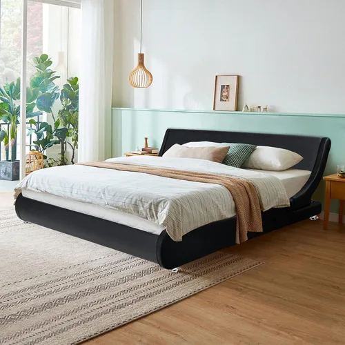 Vista 3 de NAFORT Base de cama tamaño Queen tapizada con cabecera ajustable curvada, moderna cama de plataforma de piel sintética de perfil bajo, soporte