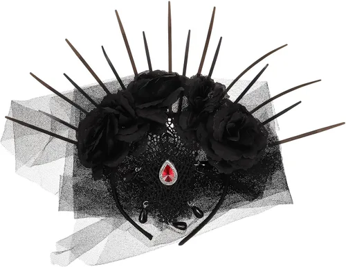 Vista 4 de EXCEART Diadema de flores de rosas para Halloween, tocado con velo negro, disfraz de cosplay mexicano, corona de flores, festival, velo