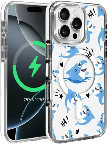 Vista 2 de Funda para iPhone 13 Pro, transparente con bonito patrón de tiburón azul, compatible con Magsafe funda protectora suave para mujeres y niñas (blanco)