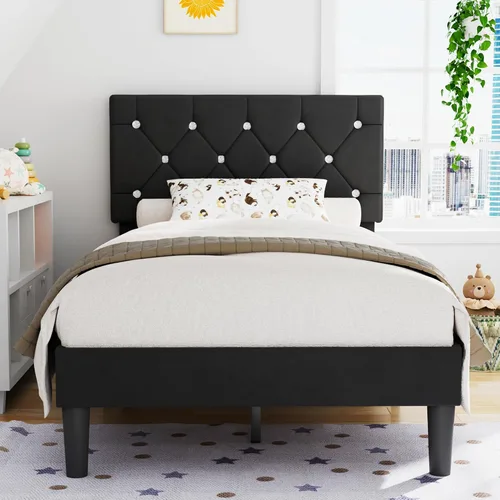 Vista 16 de VECELO Base de cama tamaño individual con plataforma tapizada con cabecera ajustable de botones de diamante, soporte de listones de madera,