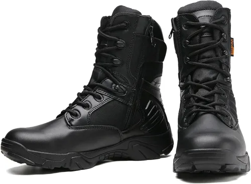 Vista 4 de Botas tácticas para hombre, botas de combate de 8 pulgadas, botas de trabajo para hombres, duraderas con cremallera lateral, botas militares