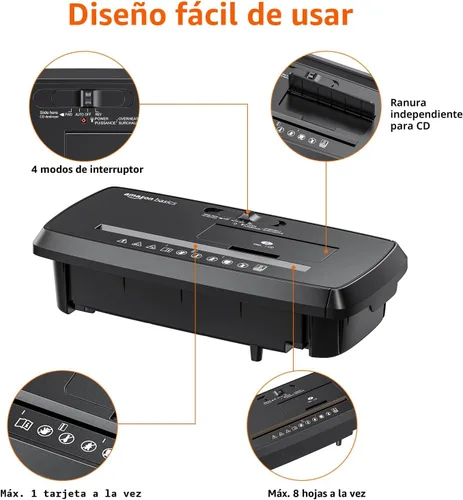 Vista 3 de Amazon Basics Trituradora de papel cortado en tiras de 8 hojas, CD y tarjetas de crédito con apagado automático, diseño compacto, portátil, sin