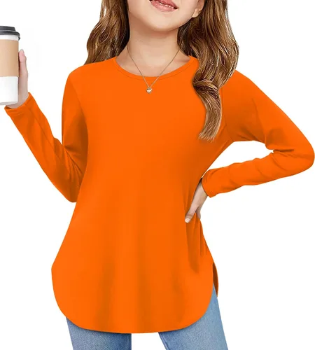 Vista 10 de Arshiner - Camisetas de manga larga para niñas, cuello redondo, dobladillo curvo, abertura lateral, básicas, casuales, de ajuste holgado, tipo