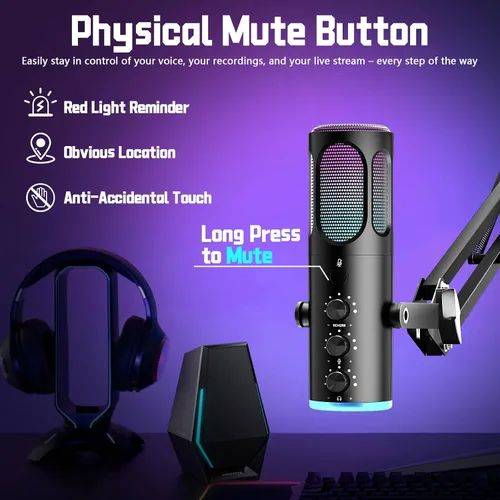 Vista 3 de Microfono para juegos, micrófono condensador USB para PC, PS4/5 y Mac, micrófono de computadora con cancelación de ruido, silencio, reverberación