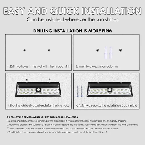 Vista 6 de Walfront Luz solar de pared con sensor de movimiento, 118 LED, 3 modos de iluminación, luz de seguridad impermeable para exteriores, para patio