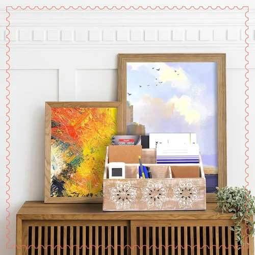 Vista 7 de Mela Artisans Serena - Organizador de escritorio de madera blanqueada de 13 x 8.5 pulgadas, soporte de correo de madera de mango con 5