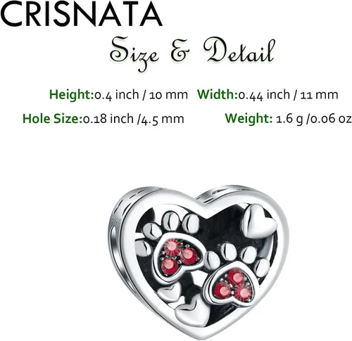 Vista 2 de CRISNATA Dijes con estampado de patas de cachorro con cristal Brithstone, plata de ley 925, cuentas de corazón con estampado de patas, se adapta a