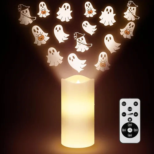 Vista 8 de Proyector de velas sin llama de Navidad, proyector de dulces para interiores, vela LED para vacaciones, funciona con pilas, luz nocturna