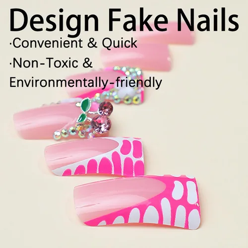 Vista 4 de 24 uñas de pato a presión con diamantes de imitación francesas, uñas postizas estilo pies de pato, uñas postizas de primavera y verano con diseños