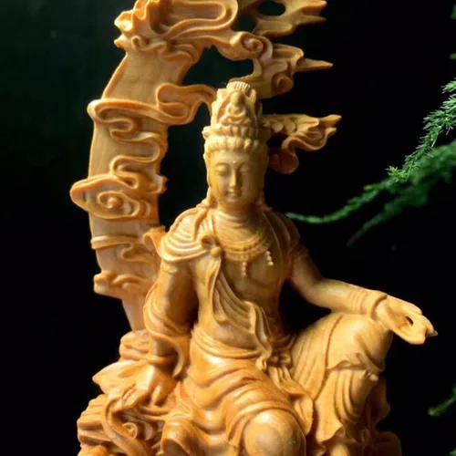 Vista 7 de Estatua de kuanyin de Feng Shui, estatua de boj quanyin, decoración de estante de escritorio, obra de arte tallada a mano para decoración de oficina
