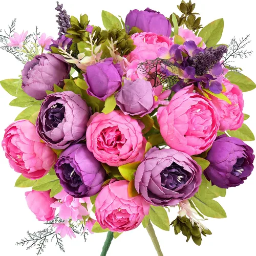 Vista 14 de Ramo de peonías artificiales – Juego de 2 tallos de flores de seda sintética – Ramos listos para el estilo para bodas, decoración del hogar, eventos
