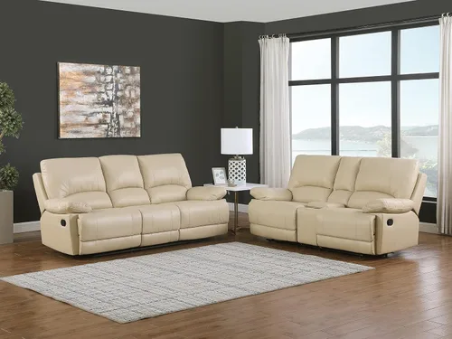 Vista 26 de Blackjack Furniture Brantley Collection - Sofá biplaza reclinable tapizado de cuero con consola, asientos acolchados de felpa con bobina Marrón