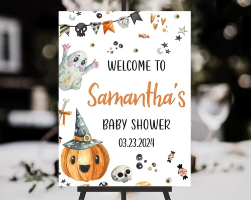 Vista 33 de Personalized Halloween Baby Shower Welcome Sign, A Little Boo Baby Shower Welcome Sign, Pumpkin Decorations,girl, Halloween Decor 12" X 18" (Small)