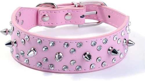 Vista 5 de Collar de perro de piel sintética con diamantes de imitación, suave y ajustable para perros medianos y grandes (S, negro)