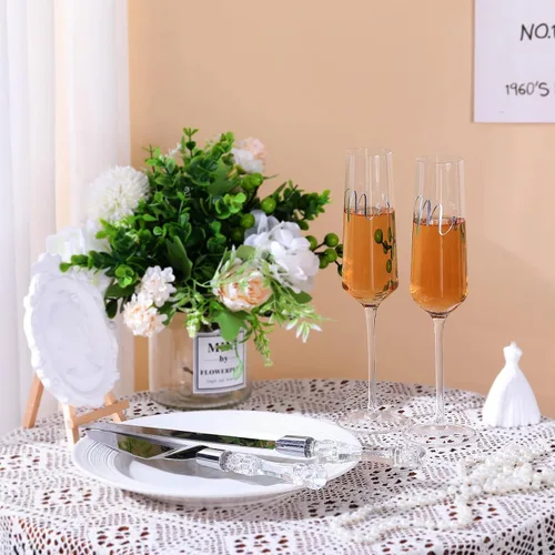 Vista 4 de Boao Juego de 4 Copas de Brindis de Boda y Servidor de Pastel, Suministros para Recepción de Boda, Copas de Champán, Cuchillo para Pastel, Servidor