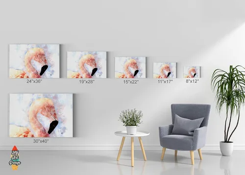 Vista 5 de Hermoso lienzo con estampado de flamencos con fondo blanco, pintura de acuarela, arte de pared de animales, decoración del hogar, listo para colgar