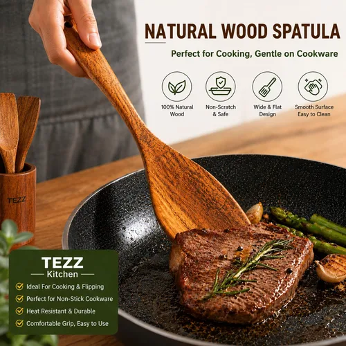 Vista 2 de Espátulas de madera, 2 piezas de utensilios de cocina de madera de acacia natural para sartén antiadherente, herramienta de cocina, espátula