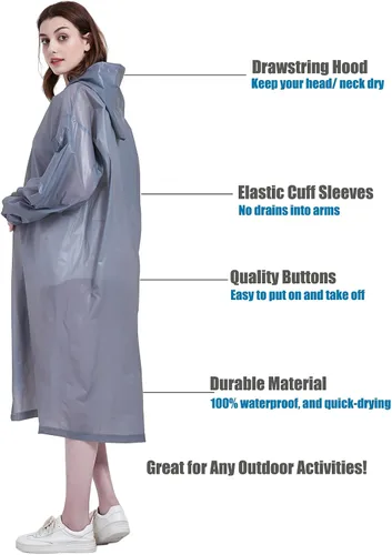 Vista 3 de Rain Ponchos for Adults, Reusable Raincoats for Women and Men - Packable Rain Jackets with Drawstring Hood