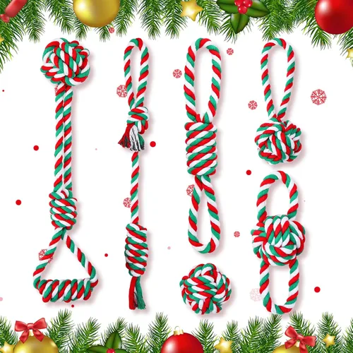 Vista 3 de Zubebe 16 piezas de cuerda de Navidad para perros, juguetes de Navidad para masticar perros, juguetes interactivos clásicos para Navidad, perros