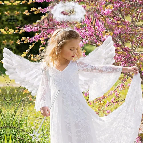 Vista 8 de Alas de ángel para adultos, alas de ángel y halo para niños y mujeres, alas de plumas, disfraz de Halloween para niños