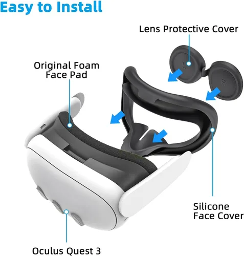 Vista 6 de Relohas Deluxe VR Accessories for Meta Quest 3, Safe 2 in 1 Silicone Case Set for Oculus Quest 3, Include Upgraded Lens Protector, Face Cover (Black)