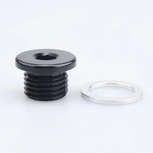 Vista 10 de AC PERFORMANCE Enchufe de puerto métrico de aluminio M10 x 1.0 negro de perfil bajo con tapón hexagonal y arandela de aluminio