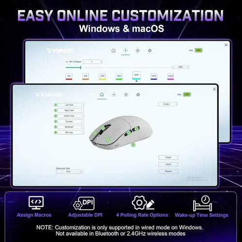 Vista 7 de YUNZII Ratón inalámbrico para juegos M1, Tri-Mode 2.4G/BT/mouse para juegos con cable, sensor PAW3311 10000 DPI recargable con 5 botones