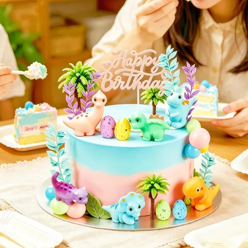 Vista 3 de 35 adornos de dinosaurios para tartas con huevos de dinosaurio, hojas, rosa, morado, azul, amarillo, verde, bolas para decoración de pasteles