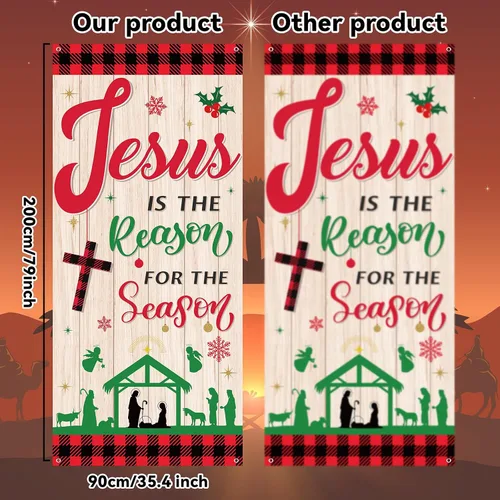 Vista 2 de Cubierta de puerta religiosa de Jesús de Navidad, telón de fondo para puerta de fiesta de Navidad con texto en inglés «Jesús es la razón