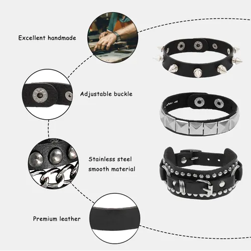 Vista 3 de 3 piezas de pulsera de cuero estilo punk rock con tachuelas ajustables, pulsera de estilo emo con espigas, accesorio de puño con remaches retro