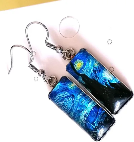 Vista 7 de Van Gogh - Aretes colgantes con diseño de girasol y cielo estrellado para mujer, aretes de arte abstracto