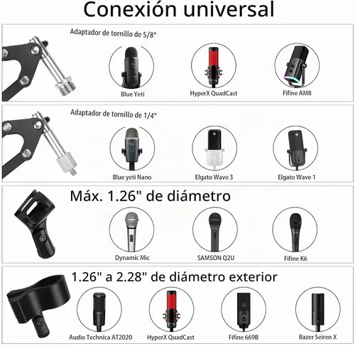 Vista 6 de Soporte de Micrófono con Brazo Articulado para Blue Yeti HyperX QuadCast SoloCast Yeti Nano Snowball SM7B Q2U Fifine K669B y Otros Micrófonos